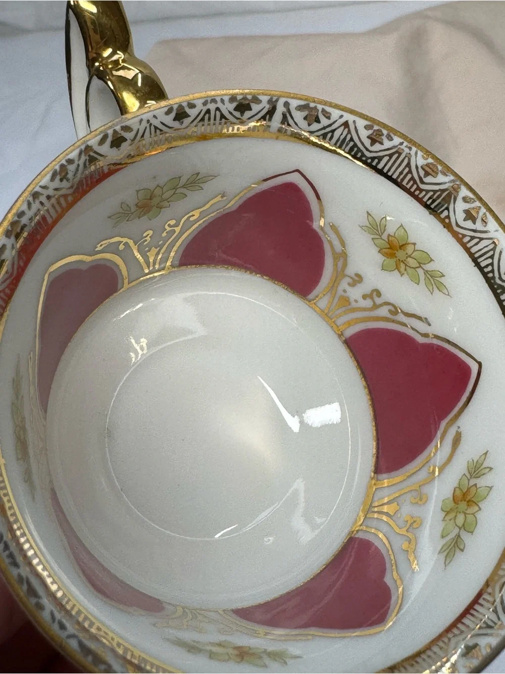 Vintage Red Gold Tea Cup and Saucer Geometric Floral, Ucagco Japan, Excellent